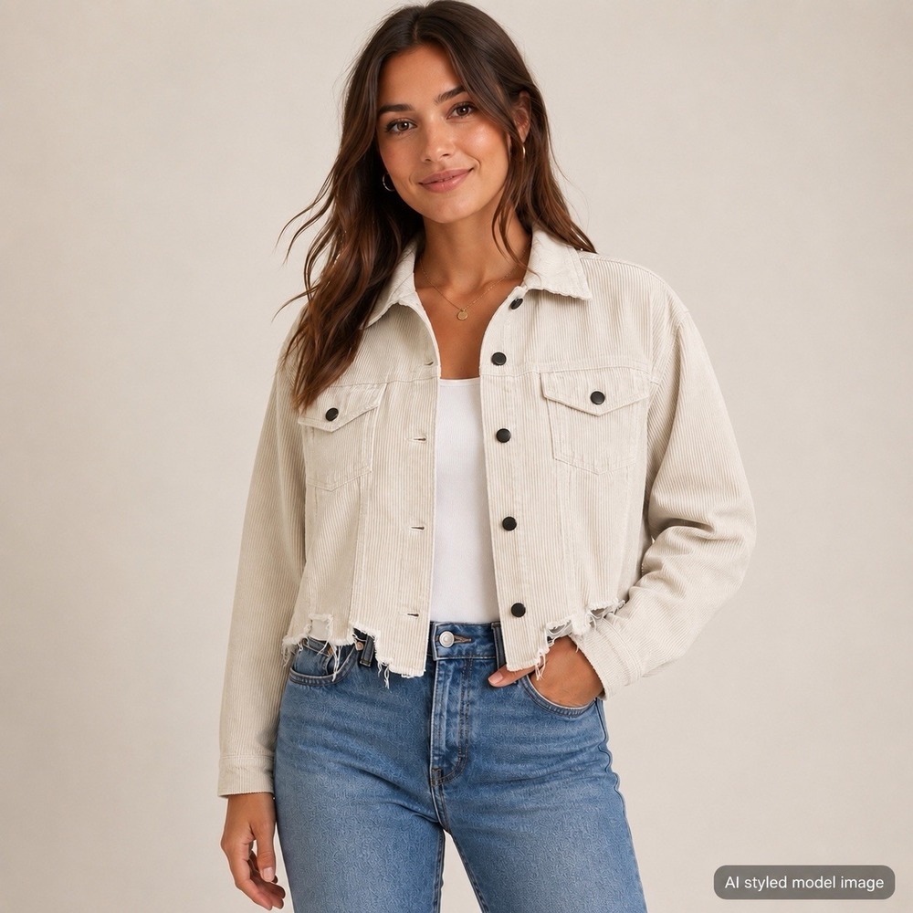 POL Corduroy Trucker Jacket Women's M Cream Raw Hem Cropped Boho Western
